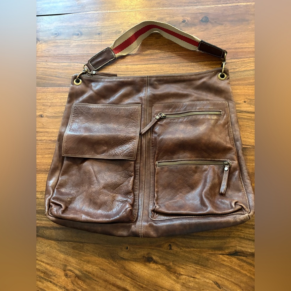 PULICATI Italia Brown Leather Messenger Bag Purse Tote Bag - Stripe Canvas Strap